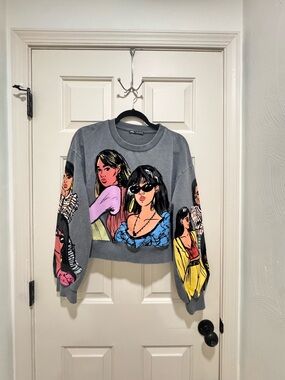 Zara Gray Graphic Cropped Sweater with Multicolor Illustrations